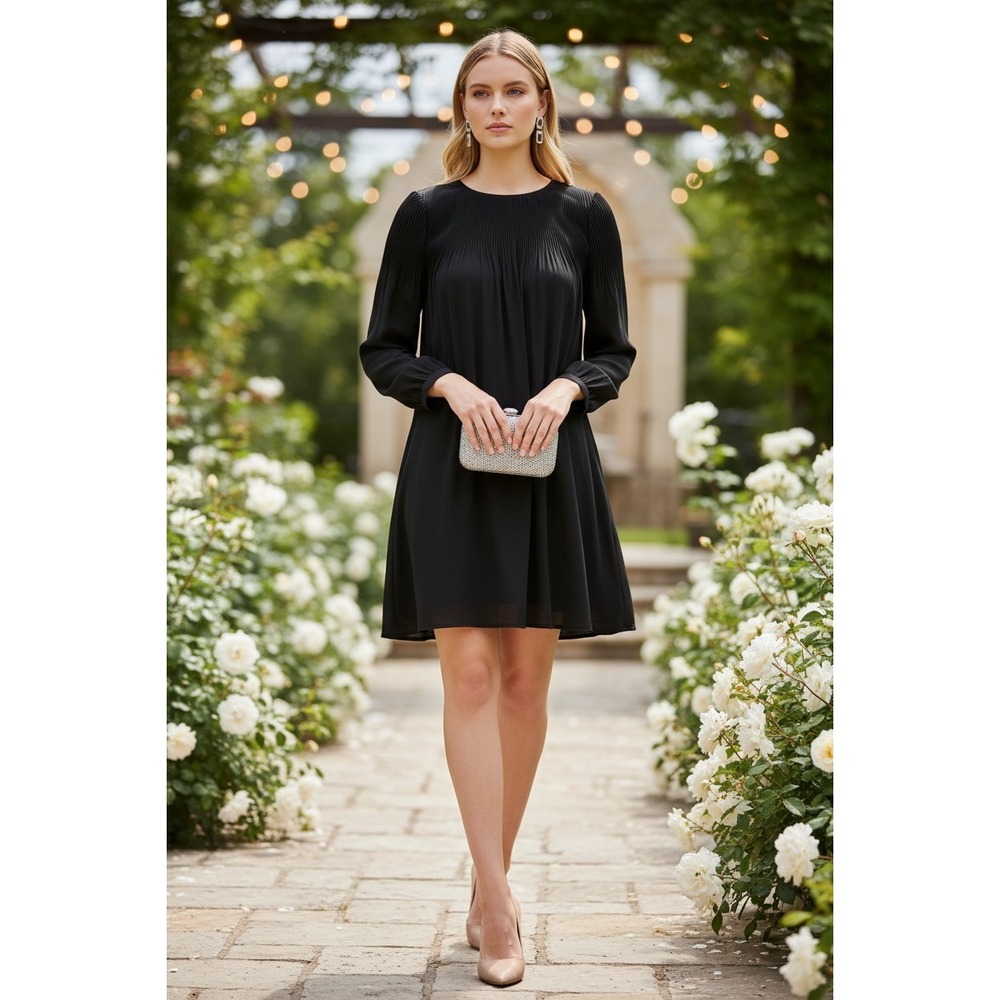 COS Womens Black Pleated Yoke Long Sleeve Shift Dress Size US 10 EUR 40